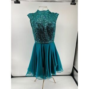 Sherri Hill blue green beaded sequin formal short dress size 12 homecoming prom